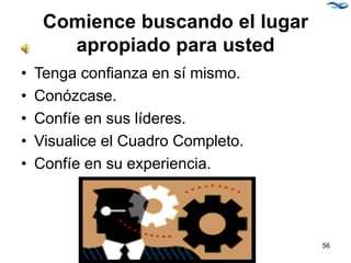 Comience buscando el lugar
apropiado para usted
• Tenga confianza en sí mismo.
• Conózcase.
• Confíe en sus líderes.
• Visualice el Cuadro Completo.
• Confíe en su experiencia.
56
 
