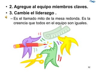 • 2. Agregue al equipo miembros claves.
• 3. Cambie el liderazgo .
– Es el llamado mito de la mesa redonda. Es la
creencia que todos en el equipo son iguales.
62
 
