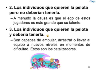 • 2. Los individuos que quieren la pelota
pero no deberían tenerla.
– A menudo la causa es que el ego de estos
jugadores es más grande que su talento.
• 3. Los individuos que quieren la pelota
y debería tenerla.
– Son capaces de empujar, arrastrar o llevar al
equipo a nuevos niveles en momentos de
dificultad. Estos son los catalizadores.
70
 