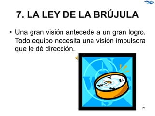 7. LA LEY DE LA BRÚJULA
• Una gran visión antecede a un gran logro.
Todo equipo necesita una visión impulsora
que le dé dirección.
71
 