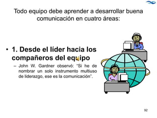 Todo equipo debe aprender a desarrollar buena
comunicación en cuatro áreas:
• 1. Desde el líder hacia los
compañeros del equipo
– John W. Gardner observó: “Si he de
nombrar un solo instrumento multiuso
de liderazgo, ese es la comunicación”.
92
 