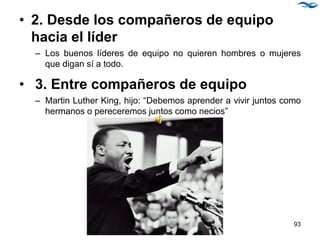 • 2. Desde los compañeros de equipo
hacia el líder
– Los buenos líderes de equipo no quieren hombres o mujeres
que digan sí a todo.
• 3. Entre compañeros de equipo
– Martin Luther King, hijo: “Debemos aprender a vivir juntos como
hermanos o pereceremos juntos como necios”
93
 