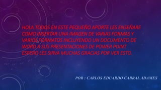 HOLA TODOS EN ESTE PEQUEÑO APORTE LES ENSEÑARE 
COMO INSERTAR UNA IMAGEN DE VARIAS FORMAS Y 
VARIOS FORMATOS INCLUYENDO UN DOCUMENTO DE 
WORD A SUS PRESENTACIONES DE POWER POINT 
ESPERO LES SIRVA MUCHAS GRACIAS POR VER ESTO. 
POR : CARLOS EDUARDO CABRAL ADAMES 
 