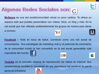 Gran capacidad de transmisión de información.Usuarios de las redes sociales	Hoy por hoy no existe un estereotipo estándar de usuario de redes sociales. Cualquier persona que busque participar en el universo prestado por éstas, tiene acceso libre a ellas, dependiendo de los sistemas de registro que ofrezcan. Sin embargo, por conformar la gran mayoría, los jóvenes se identifican con el usuario más característico. Aunque bien es sabido que personas de todas las edades utilizan sus herramientas para usos diversos. Por tanto, no hay un rango de edad establecido para el uso de las redes sociales, todas se ven afectadas por éstas, tanto para beneficiarse con sus utilidades, como para sufrir sus consecuencias.