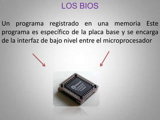 LOS BIOS
Un programa registrado en una memoria Este
programa es específico de la placa base y se encarga
de la interfaz de...