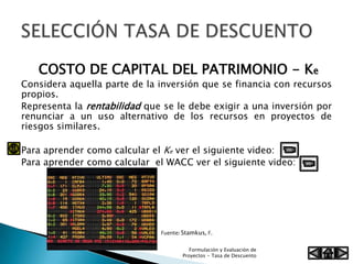 COSTO DE CAPITAL DEL PATRIMONIO - Ke
Considera aquella parte de la inversión que se financia con recursos
propios.
Representa la rentabilidad que se le debe exigir a una inversión por
renunciar a un uso alternativo de los recursos en proyectos de
riesgos similares.

Para aprender como calcular el Ke ver el siguiente video:
Para aprender como calcular el WACC ver el siguiente video:




                              Fuente: Stamkus, F.

                                         Formulación y Evaluación de
                                      Proyectos - Tasa de Descuento
 