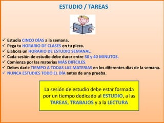  Estudia CINCO DÍAS a la semana.
 Pega tu HORARIO DE CLASES en tu pieza.
 Elabora un HORARIO DE ESTUDIO SEMANAL.
 Cada sesión de estudio debe durar entre 30 y 40 MINUTOS.
 Comienza por las materias MÁS DIFÍCILES.
 Debes darle TIEMPO A TODAS LAS MATERIAS en los diferentes días de la semana.
 NUNCA ESTUDIES TODO EL DÍA antes de una prueba.
ESTUDIO / TAREAS
La sesión de estudio debe estar formada
por un tiempo dedicado al ESTUDIO, a las
TAREAS, TRABAJOS y a la LECTURA
 