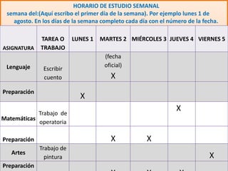 HORARIO DE ESTUDIO SEMANAL
semana del:(Aquí escribo el primer día de la semana). Por ejemplo lunes 1 de
agosto. En los días de la semana completo cada día con el número de la fecha.
ASIGNATURA
TAREA O
TRABAJO
LUNES 1 MARTES 2 MIÉRCOLES 3 JUEVES 4 VIERNES 5
Lenguaje Escribir
cuento
(fecha
oficial)
X
Preparación
X
Matemáticas
Trabajo de
operatoria
X
Preparación X X
Artes
Trabajo de
pintura X
Preparación
 