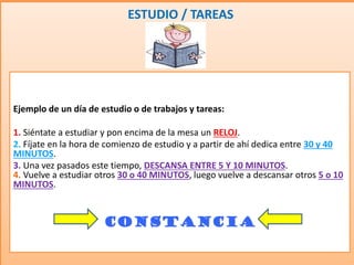 Ejemplo de un día de estudio o de trabajos y tareas:
1. Siéntate a estudiar y pon encima de la mesa un RELOJ.
2. Fíjate en la hora de comienzo de estudio y a partir de ahí dedica entre 30 y 40
MINUTOS.
3. Una vez pasados este tiempo, DESCANSA ENTRE 5 Y 10 MINUTOS.
4. Vuelve a estudiar otros 30 o 40 MINUTOS, luego vuelve a descansar otros 5 o 10
MINUTOS.
CONSTANCIA
ESTUDIO / TAREAS
 