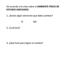 De acuerdo a lo visto sobre el AMBIENTE FÍSICO DE
ESTUDIO ADECUADO,
1. ¿Existe algún elemento que deba cambiar?
SÍ NO
2. ¿Cuál (es)?
3. ¿Qué haré para lograr el cambio?
 