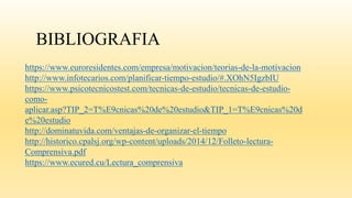 BIBLIOGRAFIA
https://www.euroresidentes.com/empresa/motivacion/teorias-de-la-motivacion
http://www.infotecarios.com/planificar-tiempo-estudio/#.XOhN5IgzbIU
https://www.psicotecnicostest.com/tecnicas-de-estudio/tecnicas-de-estudio-
como-
aplicar.asp?TIP_2=T%E9cnicas%20de%20estudio&TIP_1=T%E9cnicas%20d
e%20estudio
http://dominatuvida.com/ventajas-de-organizar-el-tiempo
http://historico.cpalsj.org/wp-content/uploads/2014/12/Folleto-lectura-
Comprensiva.pdf
https://www.ecured.cu/Lectura_comprensiva
 