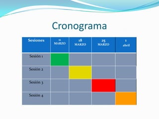 Cronograma
Sesiones     11     18      25      1
           MARZO   MARZO   MARZO   abril


Sesión 1


Sesión 2


Sesión 3


Sesión 4
 