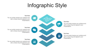 Infographic Style
You can simply impress your audience and
add a unique zing and appeal to your
Presentations.
Text Here
You can simply impress your audience and
add a unique zing and appeal to your
Presentations.
Text Here
You can simply impress your audience and
add a unique zing and appeal to your
Presentations.
Text Here
You can simply impress your audience and
add a unique zing and appeal to your
Presentations.
Text Here
You can simply impress your audience and
add a unique zing and appeal to your
Presentations.
Text Here
 