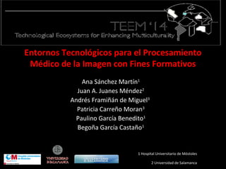 Entornos Tecnológicos para el Procesamiento 
Médico de la Imagen con Fines Formativos 
Ana Sánchez Martín1 
Juan A. Juanes Méndez2 
Andrés Framiñán de Miguel3 
Patricia Carreño Moran3 
Paulino García Benedito1 
Begoña García Castaño1 
1 Hospital Universitario de Móstoles 
2 Universidad de Salamanca 
 