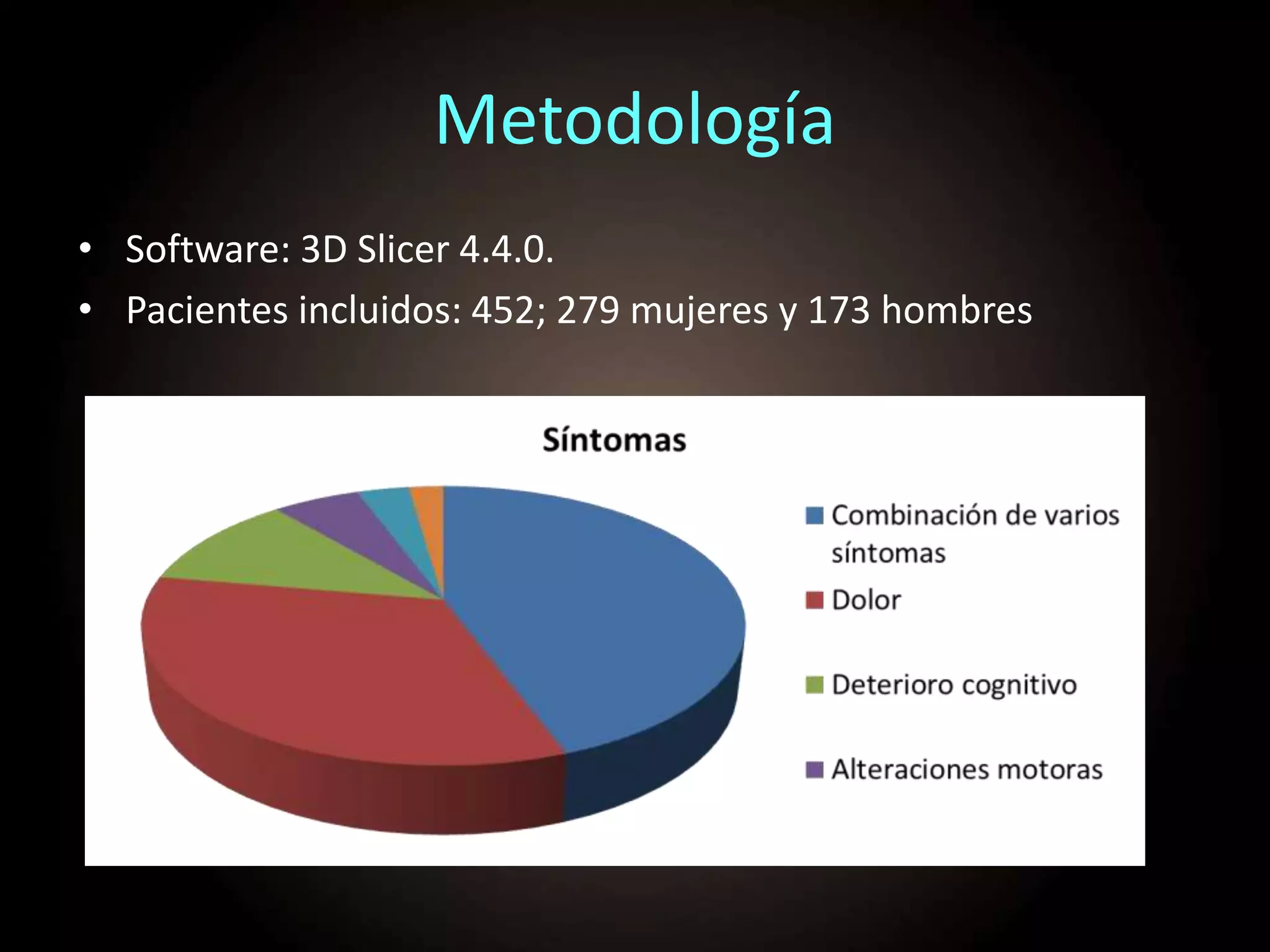 Metodología
• Software: 3D Slicer 4.4.0.
• Pacientes incluidos: 452; 279 mujeres y 173 hombres
 