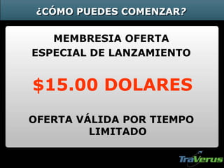 MEMBRESIA OFERTA
ESPECIAL DE LANZAMIENTO
$15.00 DOLARES
¿CÓMO PUEDES COMENZAR?
OFERTA VÁLIDA POR TIEMPO
LIMITADO
 
