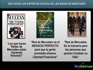 “Los que hacen
Redes de
Mercadeo estan
haciendo
fortunas!”
“Red de Mercadeo es el
NEGOCIO PERFECTO
para que la gente
promedio alcance
Libertad Financiera”
“Red de Mercadeo:
Es la Industria para
las personas que
quieren Cambiar su
Vida”
QUE DICEN LOS EXPERTOS ACERCA DE LAS REDES DE MERCADEO
 
