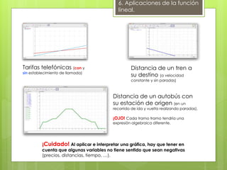 6. Aplicaciones de la función
lineal.
Tarifas telefónicas (con y
sin establecimiento de llamada)
Distancia de un tren a
su destino (a velocidad
constante y sin paradas)
Distancia de un autobús con
su estación de origen (en un
recorrido de ida y vuelta realizando paradas).
¡OJO! Cada tramo tramo tendría una
expresión algebraica diferente.
¡Cuidado! Al aplicar e interpretar una gráfica, hay que tener en
cuenta que algunas variables no tiene sentido que sean negativas
(precios, distancias, tiempo, …).
 