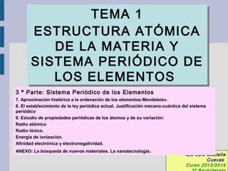 TEMA 1
TEMA 1
ESTRUCTURA ATÓMICA
ESTRUCTURA ATÓMICA
DE LA MATERIA Y
DE LA MATERIA Y
SISTEMA PERIÓDICO DE
SISTEMA PERIÓDICO DE
LOS ELEMENTOS
LOS ELEMENTOS
3 ª Parte: Sistema Periódico de los Elementos
7. Aproximación histórica a la ordenación de los elementos:Mendeleiev.
8. El establecimiento de la ley periódica actual. Justificación mecano-cuántica del sistema
periódico
9. Estudio de propiedades periódicas de los átomos y de su variación:
Radio atómico
Radio iónico.
Energía de ionización.
Afinidad electrónica y electronegatividad.
ANEXO: La búsqueda de nuevos materiales. La nanotecnología .

IES Luis Cobiella
Cuevas
Curso 2013/2014

 