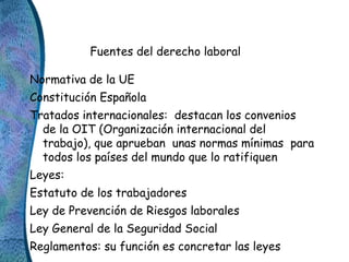 Fuentes del derecho laboral
Normativa de la UE
Constitución Española
Tratados internacionales: destacan los convenios
de l...