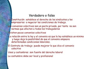 Verdadero o falso
La Constitución establece el derecho de los sindicatos y los
empresarios a negociar las condiciones de t...