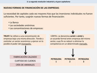 3. La segunda revolución industrial y el gran capitalismo
NUEVAS FORMAS DE FINANCIACIÓN DE LAS EMPRESAS:
La necesidad de capitales cada vez mayores hizo que las inversiones individuales no fueran
suficientes. Por tanto, surgirán nuevas formas de financiación:
• La Banca
• Las sociedades anónimas
• Las concentraciones de empresas:
FABRICACIÓN CALZADO
CURTIDO DE CUEROS
CRÍA DE ANIMALES
PETROLERA
1
PETROLERA
2
PETROLERA
3
CÁRTEL: se denomina cartel o cártel a
un acuerdo formal entre empresas del mismo
sector, cuyo fin es reducir o eliminar la
competencia en un determinado mercado.
TRUST: Se refiere a una concentración de
empresas bajo una misma dirección. Tiende a
controlar un sector económico y ejercer en lo
posible el poder del monopolio.
 
