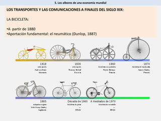 5. Los albores de una economía mundial
LOS TRANSPORTES Y LAS COMUNICACIONES A FINALES DEL SIGLO XIX:
LA BICICLETA:
•A partir de 1880
•Aportación fundamental: el neumático (Dunlop, 1887)
 