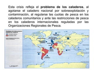 Esta crisis refleja el problema de los caladeros, al
agotarse el caladero nacional por sobreexplotación y
contaminación, al regularse las cuotas de pesca en los
caladeros comunitarios y ante las restricciones de pesca
en los caladeros internacionales reguladas por las
Organizaciones Regionales de Pesca.
 