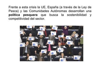 Frente a esta crisis la UE, España (a través de la Ley de
Pesca) y las Comunidades Autónomas desarrollan una
política pesquera que busca la sostenibilidad y
competitividad del sector.
 