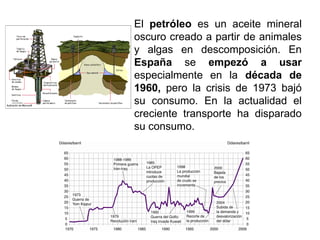El petróleo es un aceite mineral
oscuro creado a partir de animales
y algas en descomposición. En
España se empezó a usar
especialmente en la década de
1960, pero la crisis de 1973 bajó
su consumo. En la actualidad el
creciente transporte ha disparado
su consumo.
 