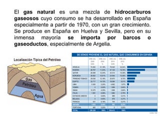 El gas natural es una mezcla de hidrocarburos
gaseosos cuyo consumo se ha desarrollado en España
especialmente a partir de 1970, con un gran crecimiento.
Se produce en España en Huelva y Sevilla, pero en su
inmensa mayoría se importa por barcos o
gaseoductos, especialmente de Argelia.
 