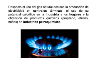 Respecto al uso del gas natural destaca la producción de
electricidad en centrales térmicas, el uso de su
potencial calorífico en la industria y los hogares y la
obtención de productos químicos (propileno, etileno,
naftas) en industrias petroquímicas.
 
