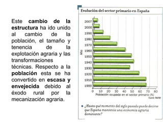 Este cambio de la
estructura ha ido unido
al cambio de la
población, el tamaño y
tenencia de la
explotación agraria y las
transformaciones
técnicas. Respecto a la
población esta se ha
convertido en escasa y
envejecida debido al
éxodo rural por la
mecanización agraria.
 