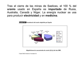 Tras el cierre de las minas de Saelices, el 100 % del
uranio usado en España es importado de Rusia,
Australia, Canadá y Níger. La energía nuclear se usa
para producir electricidad y en medicina.
 