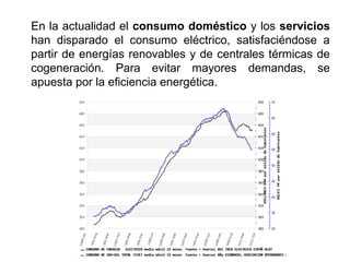 En la actualidad el consumo doméstico y los servicios
han disparado el consumo eléctrico, satisfaciéndose a
partir de energías renovables y de centrales térmicas de
cogeneración. Para evitar mayores demandas, se
apuesta por la eficiencia energética.
 