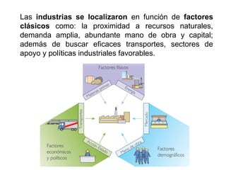 Las industrias se localizaron en función de factores
clásicos como: la proximidad a recursos naturales,
demanda amplia, abundante mano de obra y capital;
además de buscar eficaces transportes, sectores de
apoyo y políticas industriales favorables.
 