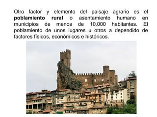 Otro factor y elemento del paisaje agrario es el
poblamiento rural o asentamiento humano en
municipios de menos de 10.000 habitantes. El
poblamiento de unos lugares u otros a dependido de
factores físicos, económicos e históricos.
 