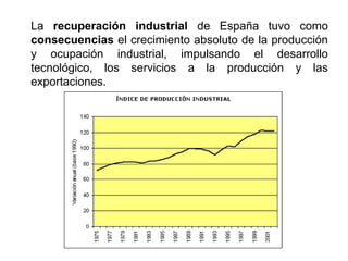 La recuperación industrial de España tuvo como
consecuencias el crecimiento absoluto de la producción
y ocupación industrial, impulsando el desarrollo
tecnológico, los servicios a la producción y las
exportaciones.
 
