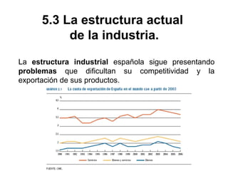 5.3 La estructura actual
de la industria.
La estructura industrial española sigue presentando
problemas que dificultan su competitividad y la
exportación de sus productos.
 