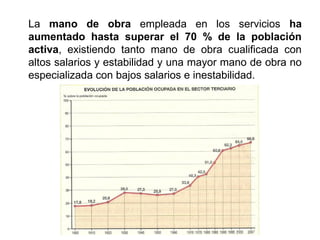 La mano de obra empleada en los servicios ha
aumentado hasta superar el 70 % de la población
activa, existiendo tanto mano de obra cualificada con
altos salarios y estabilidad y una mayor mano de obra no
especializada con bajos salarios e inestabilidad.
 
