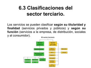6.3 Clasificaciones del
sector terciario.
Los servicios se pueden clasificar según su titularidad y
finalidad (servicios privados y públicos) y según su
función (servicios a la empresa, de distribución, sociales
y al consumidor).
 