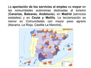 La aportación de los servicios al empleo es mayor en
las comunidades autónomas dedicadas al turismo
(Canarias, Baleares, Andalucía), en Madrid (servicios
estatales) y en Ceuta y Melilla. La terciarización es
menor en Comunidades con mayor peso agrario
(Navarra, La Rioja, Castilla La Mancha).
 