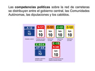 Las competencias políticas sobre la red de carreteras
se distribuyen entre el gobierno central, las Comunidades
Autónomas, las diputaciones y los cabildos.
 