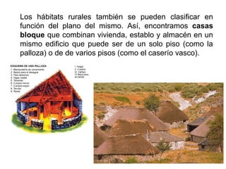 Los hábitats rurales también se pueden clasificar en
función del plano del mismo. Así, encontramos casas
bloque que combinan vivienda, establo y almacén en un
mismo edificio que puede ser de un solo piso (como la
palloza) o de de varios pisos (como el caserío vasco).
 