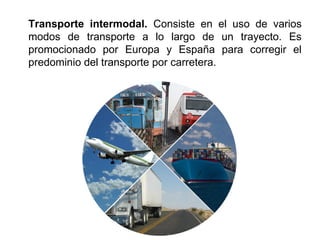 Transporte intermodal. Consiste en el uso de varios
modos de transporte a lo largo de un trayecto. Es
promocionado por Europa y España para corregir el
predominio del transporte por carretera.
 