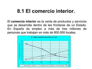 8.1 El comercio interior.
El comercio interior es la venta de productos y servicios
que se desarrolla dentro de las fronteras de un Estado.
En España da empleo a más de tres millones de
personas que trabajan en más de 800.000 locales.
 