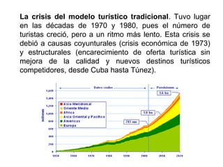 La crisis del modelo turístico tradicional. Tuvo lugar
en las décadas de 1970 y 1980, pues el número de
turistas creció, pero a un ritmo más lento. Esta crisis se
debió a causas coyunturales (crisis económica de 1973)
y estructurales (encarecimiento de oferta turística sin
mejora de la calidad y nuevos destinos turísticos
competidores, desde Cuba hasta Túnez).
 