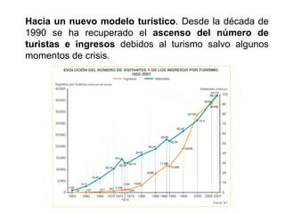 Hacia un nuevo modelo turístico. Desde la década de
1990 se ha recuperado el ascenso del número de
turistas e ingresos debidos al turismo salvo algunos
momentos de crisis.
 