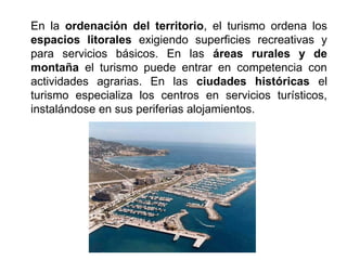 En la ordenación del territorio, el turismo ordena los
espacios litorales exigiendo superficies recreativas y
para servicios básicos. En las áreas rurales y de
montaña el turismo puede entrar en competencia con
actividades agrarias. En las ciudades históricas el
turismo especializa los centros en servicios turísticos,
instalándose en sus periferias alojamientos.
 