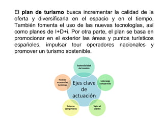 El plan de turismo busca incrementar la calidad de la
oferta y diversificarla en el espacio y en el tiempo.
También fomenta el uso de las nuevas tecnologías, así
como planes de I+D+i. Por otra parte, el plan se basa en
promocionar en el exterior las áreas y puntos turísticos
españoles, impulsar tour operadores nacionales y
promover un turismo sostenible.
 